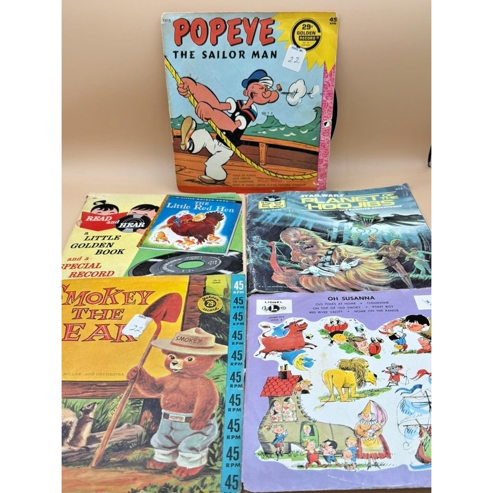 Vintage Kids 45 RPM Record Book Lot Star Wars Popeye Smokey Bear Golden Records